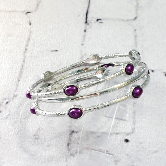 Purple Pearl Beads Silver Bangles - Picture 1 of 3
